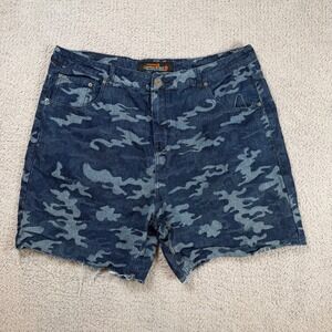 Camo Denim Cutoff Shorts Mens 40 Blue Camouflage Raw Hem Streetwear Festival Y2K